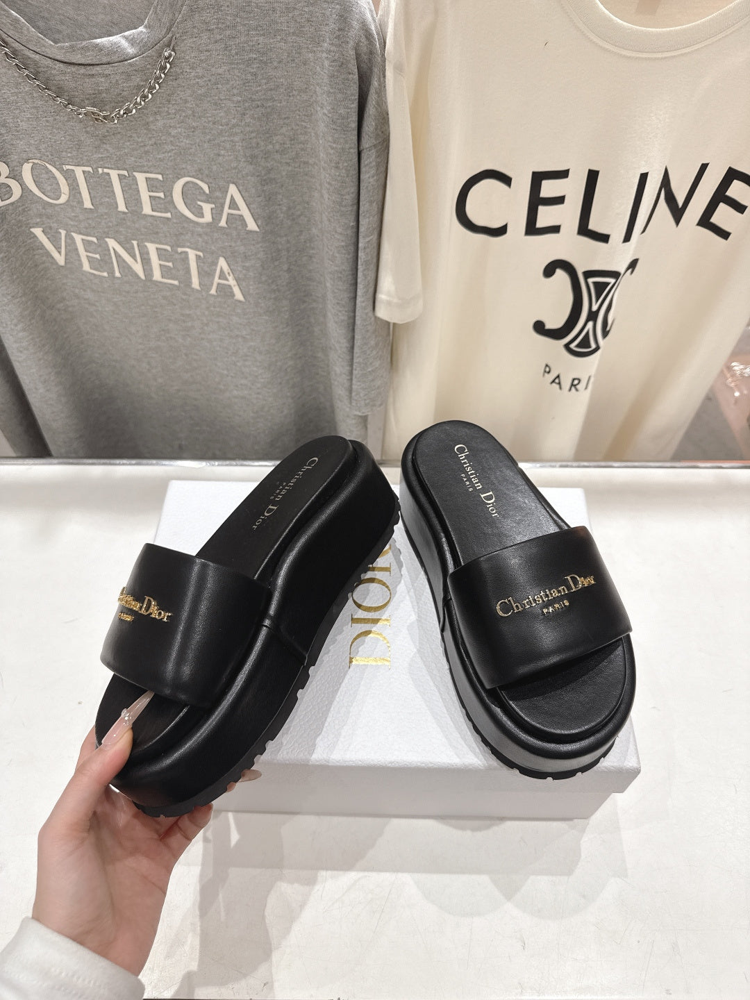 BLACK PLATFORM LOGO SLIDE SANDALS