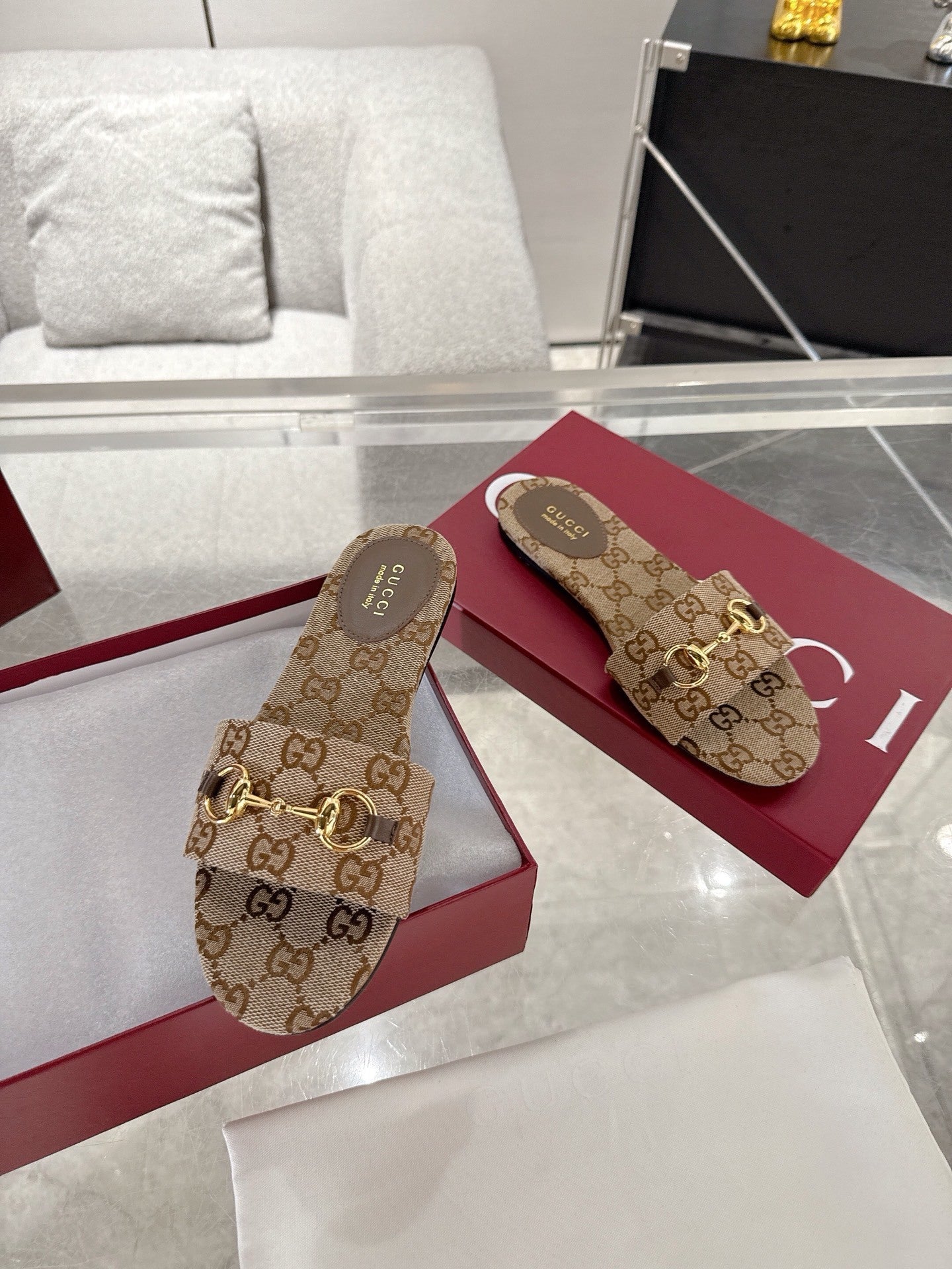 MONOGRAM CANVAS HORSEBIT SLIDE SANDALS