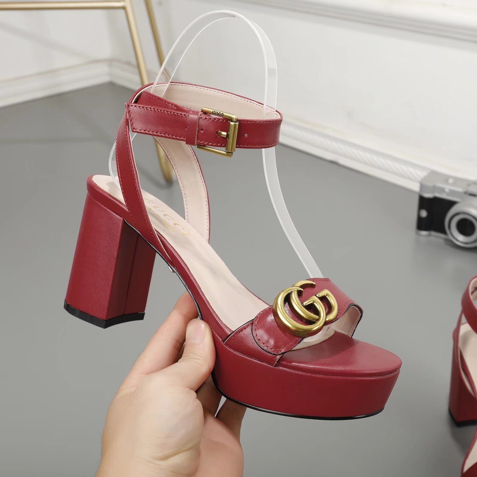 LOGO PLATFORM ANKLE STRAP HEELS