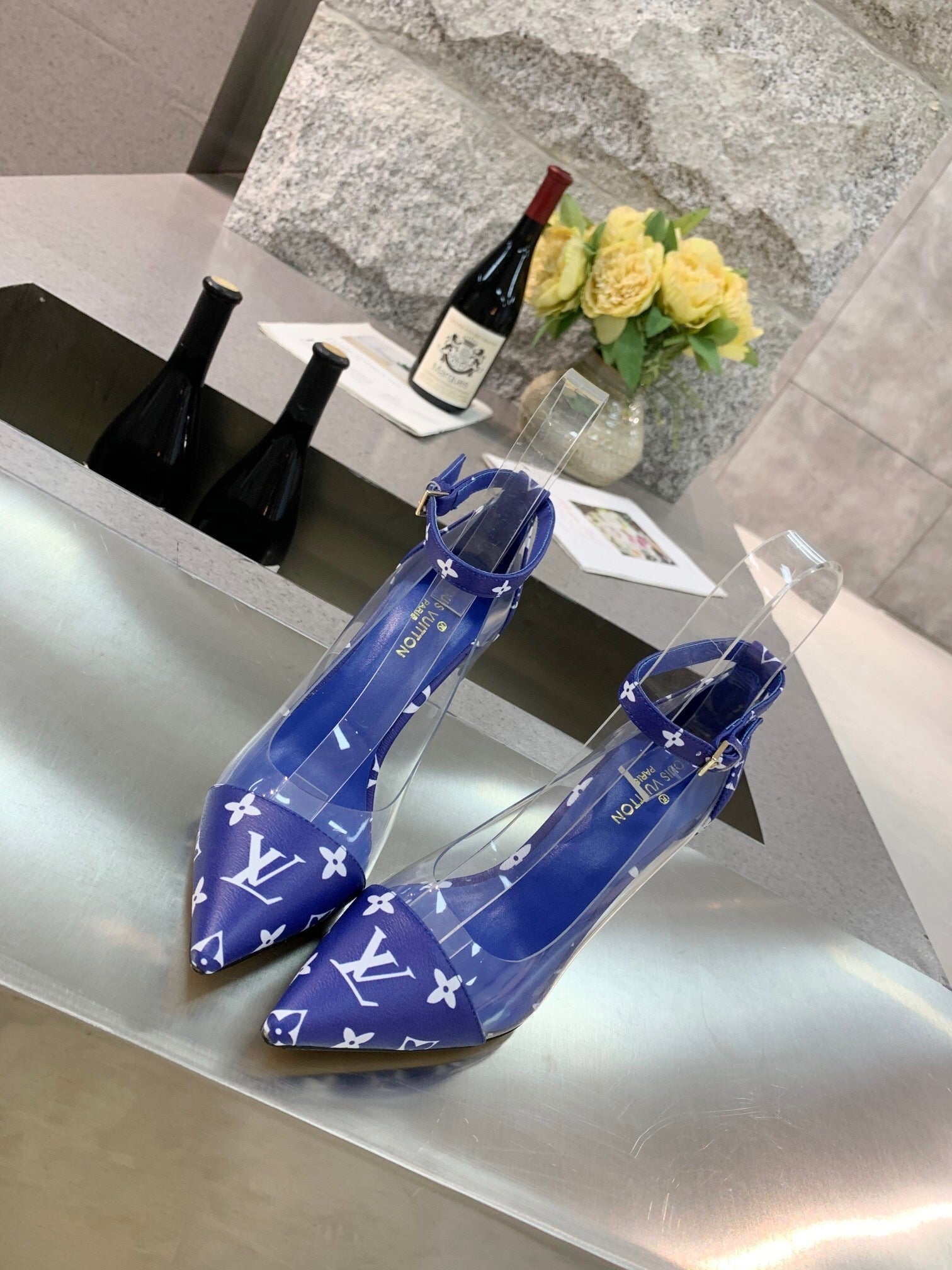 CLEAR PANEL MONOGRAM STILETTO HEELS