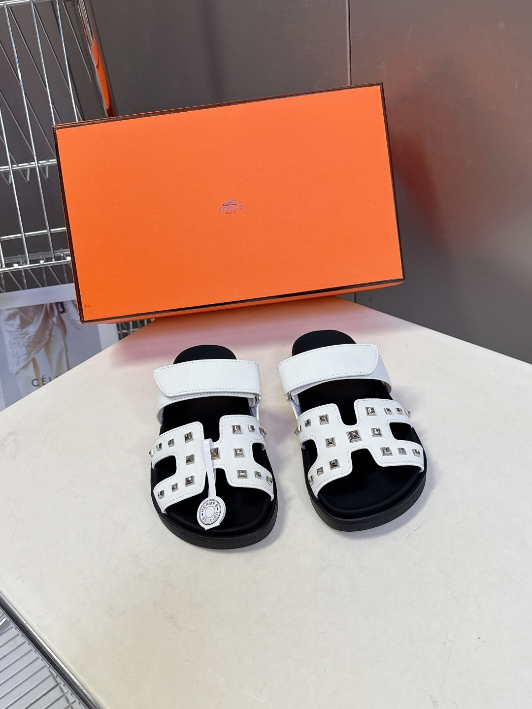 WHITE STUDDED SLIDE SANDALS