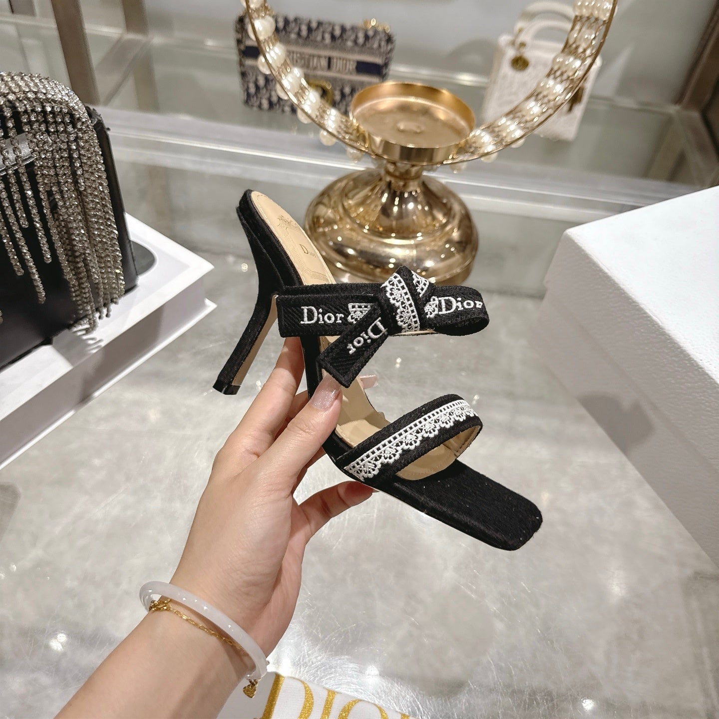 BLACK LACE TRIM BOW STRAP HEEL SANDALS