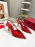 POINTED TOE SLINGBACK HEELS – RED CUTOUT DETAIL WITH STATEMENT BUCKLE