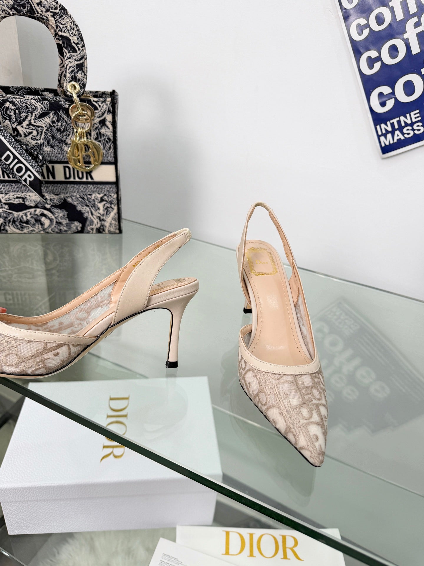 NUDE MONOGRAM MESH SLINGBACK POINTED HEELS