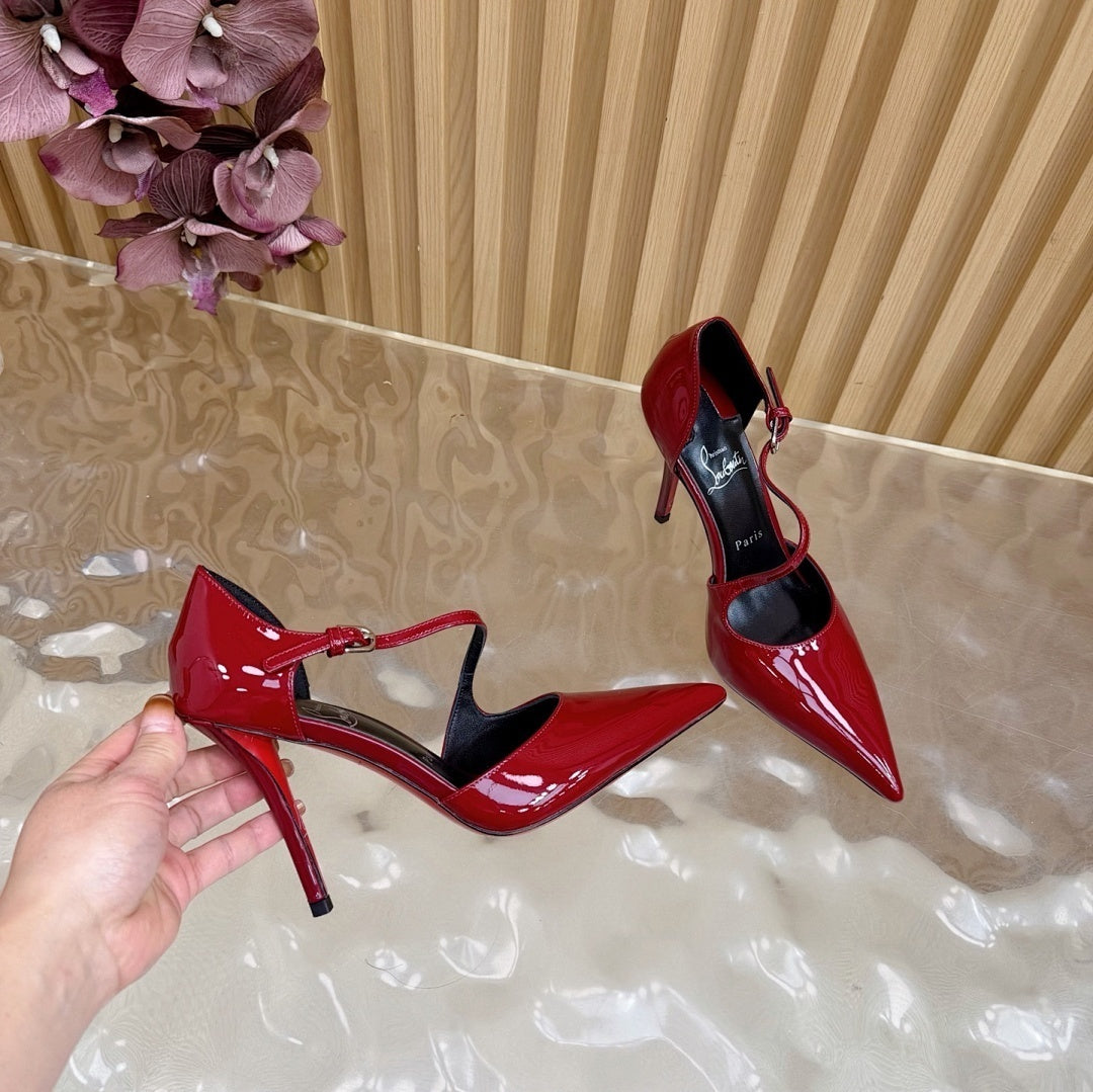 RED PATENT STRAP POINTED HEELS