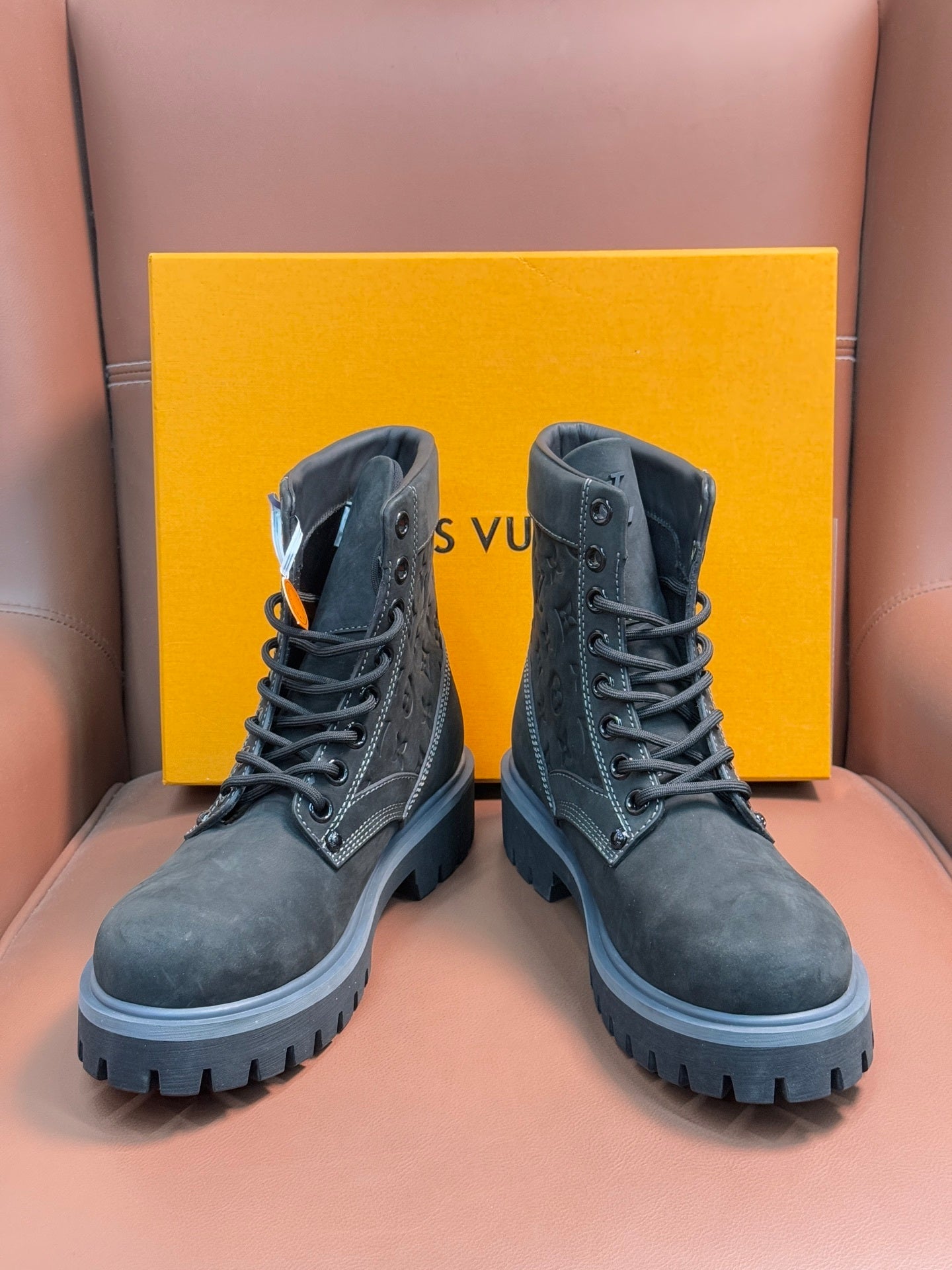 BLACK MONOGRAM SUEDE COMBAT BOOTS