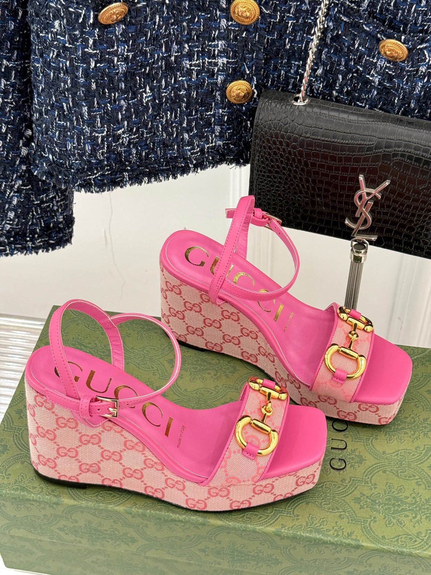 PINK MONOGRAM PLATFORM WEDGE SANDALS