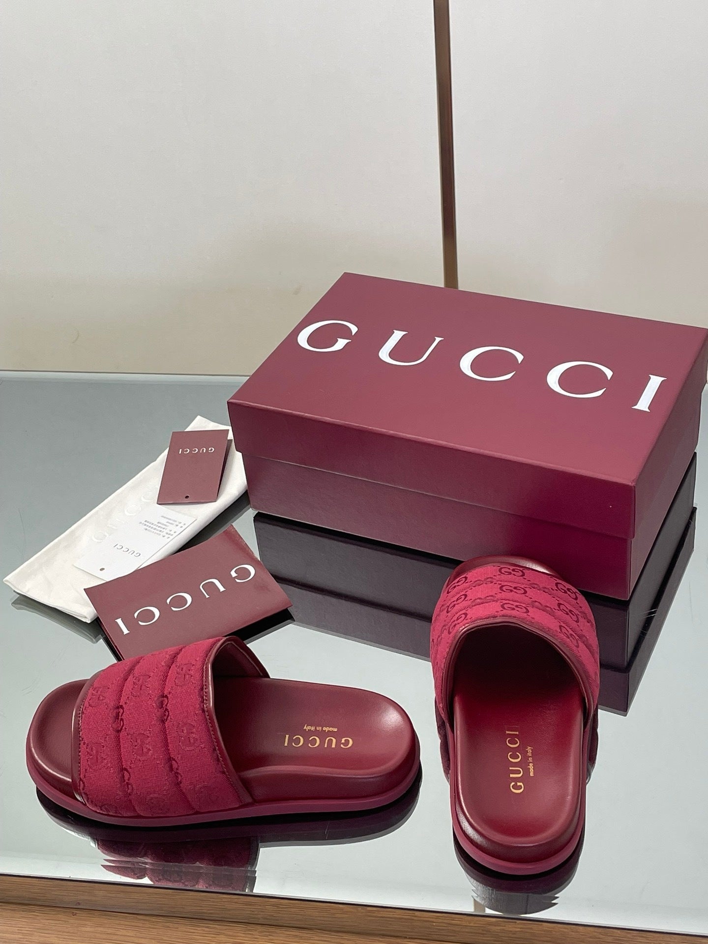 RED PADDED SLIDE SANDALS