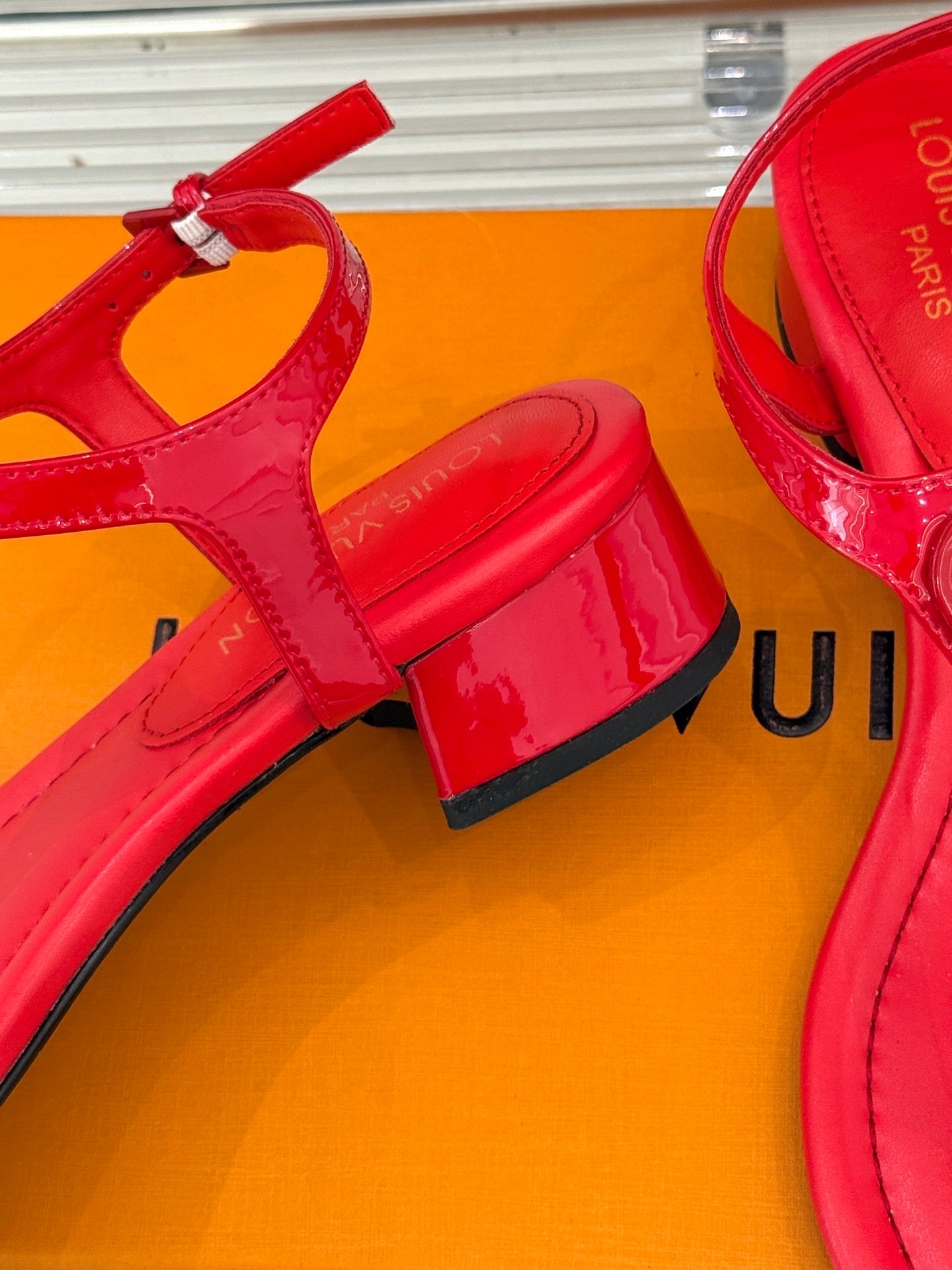 PATENT T-STRAP MEDALLION SANDALS – RED