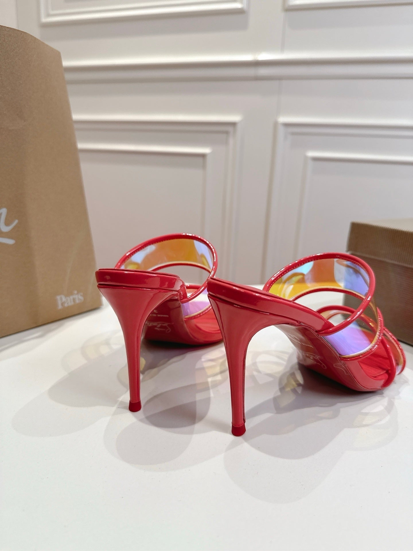 RED TRANSPARENT STRAP MULE HEELS