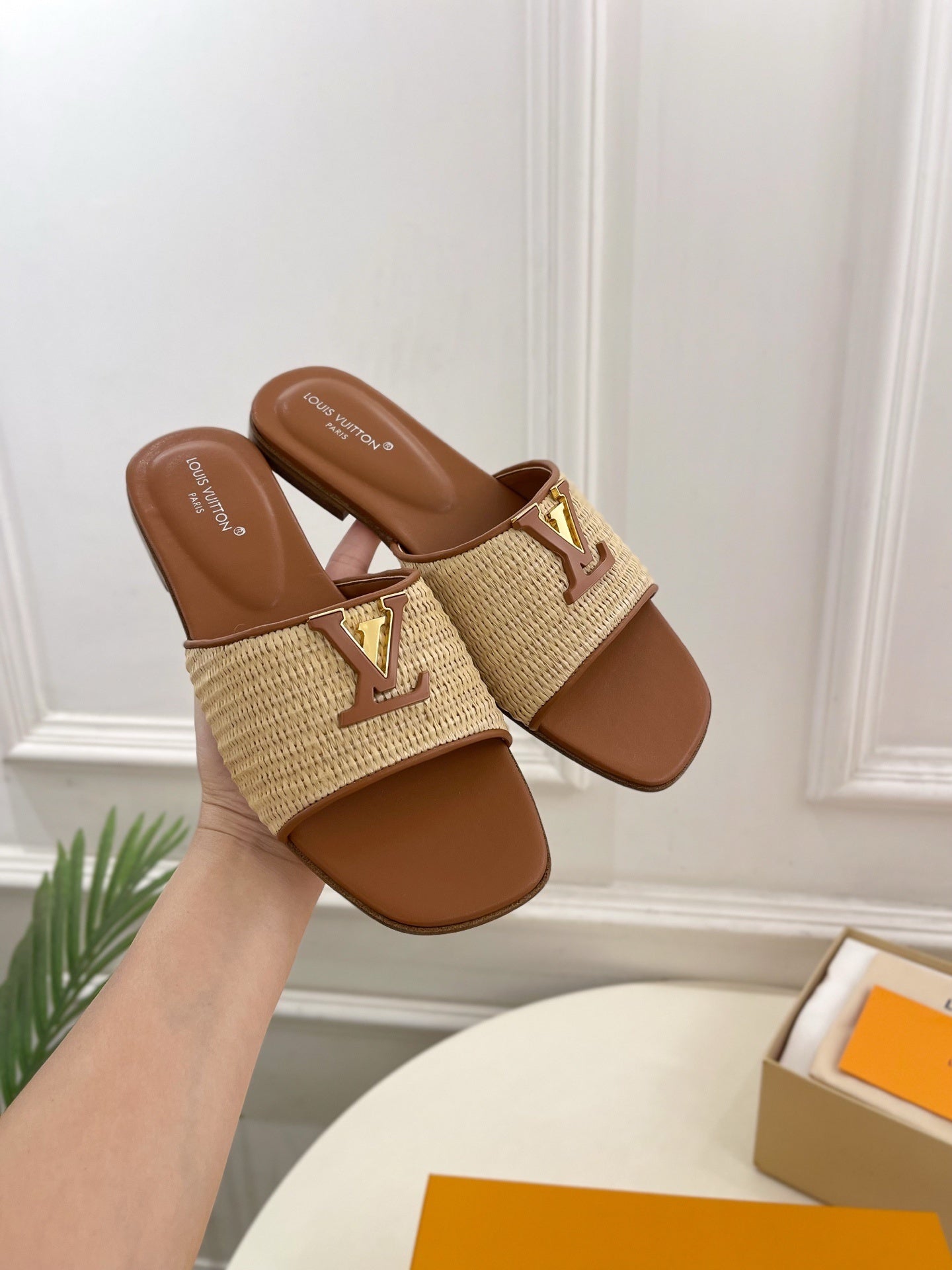 WOVEN STRAP MONOGRAM DETAIL SLIDE SANDALS