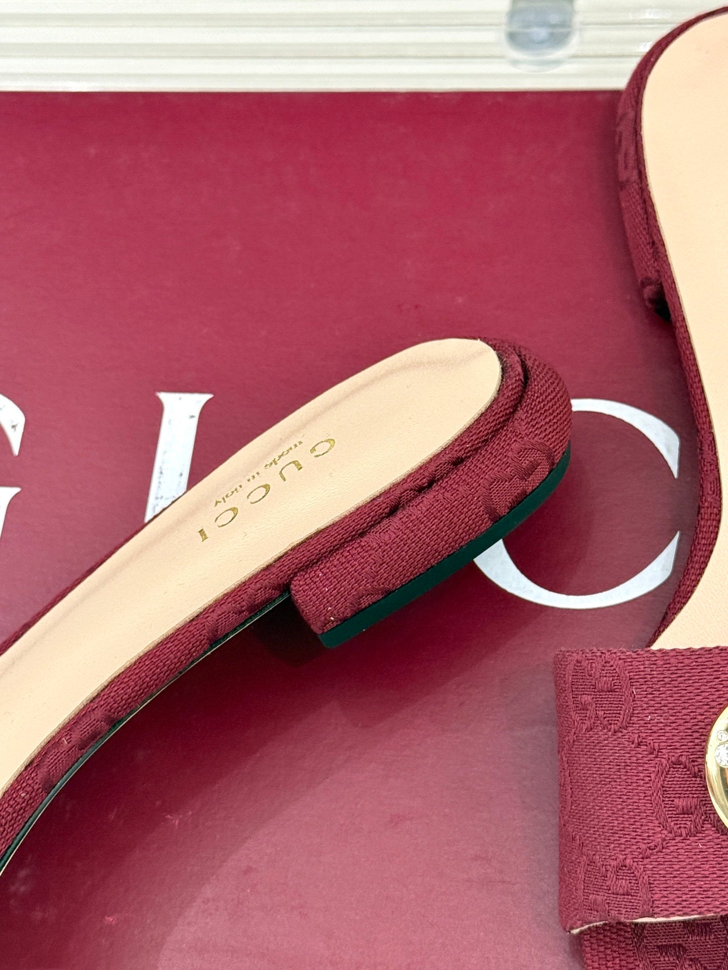 BURGUNDY MONOGRAM LOW HEEL SLIDES