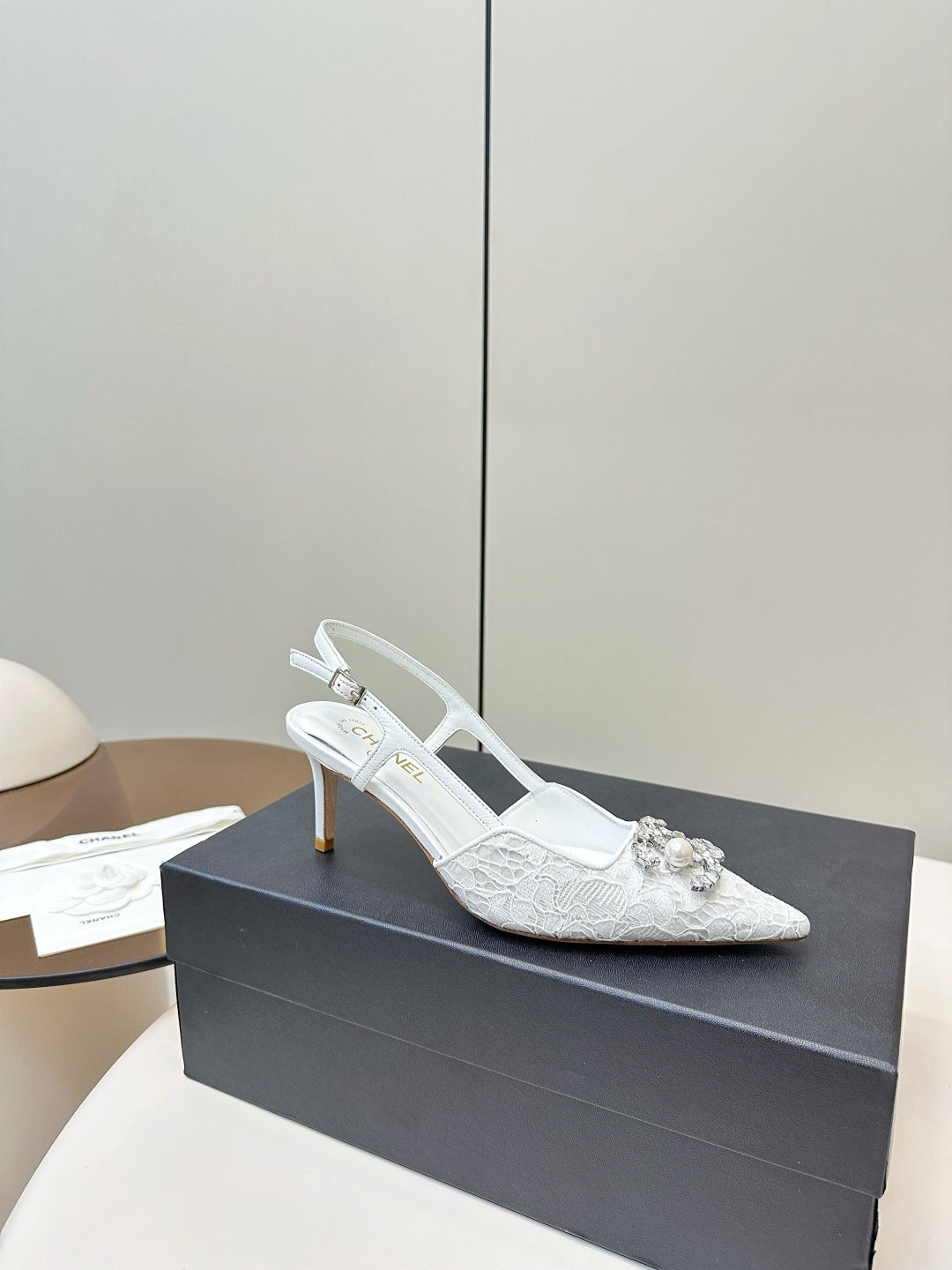 WHITE LACE CRYSTAL SLINGBACK HEELS