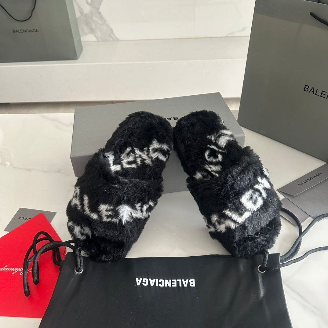 BLACK FAUX FUR LOGO SLIDE SANDALS