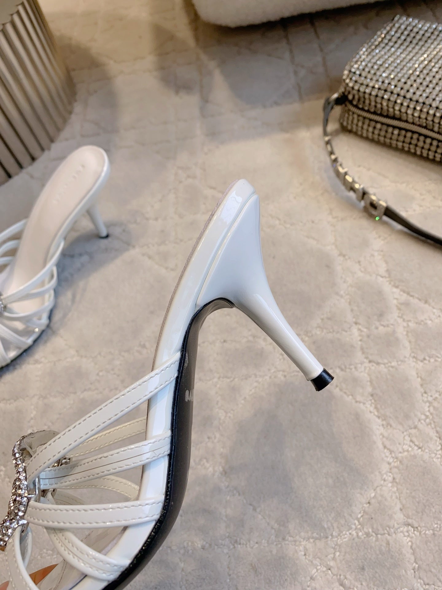 CRYSTAL EMBELLISHED WHITE STRAPPY HEELS