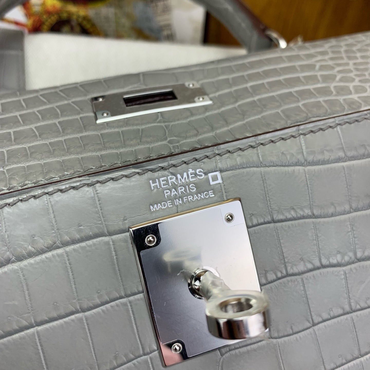 LUXURY GREY CROCODILE EMBOSSED LEATHER TOP HANDLE BAG