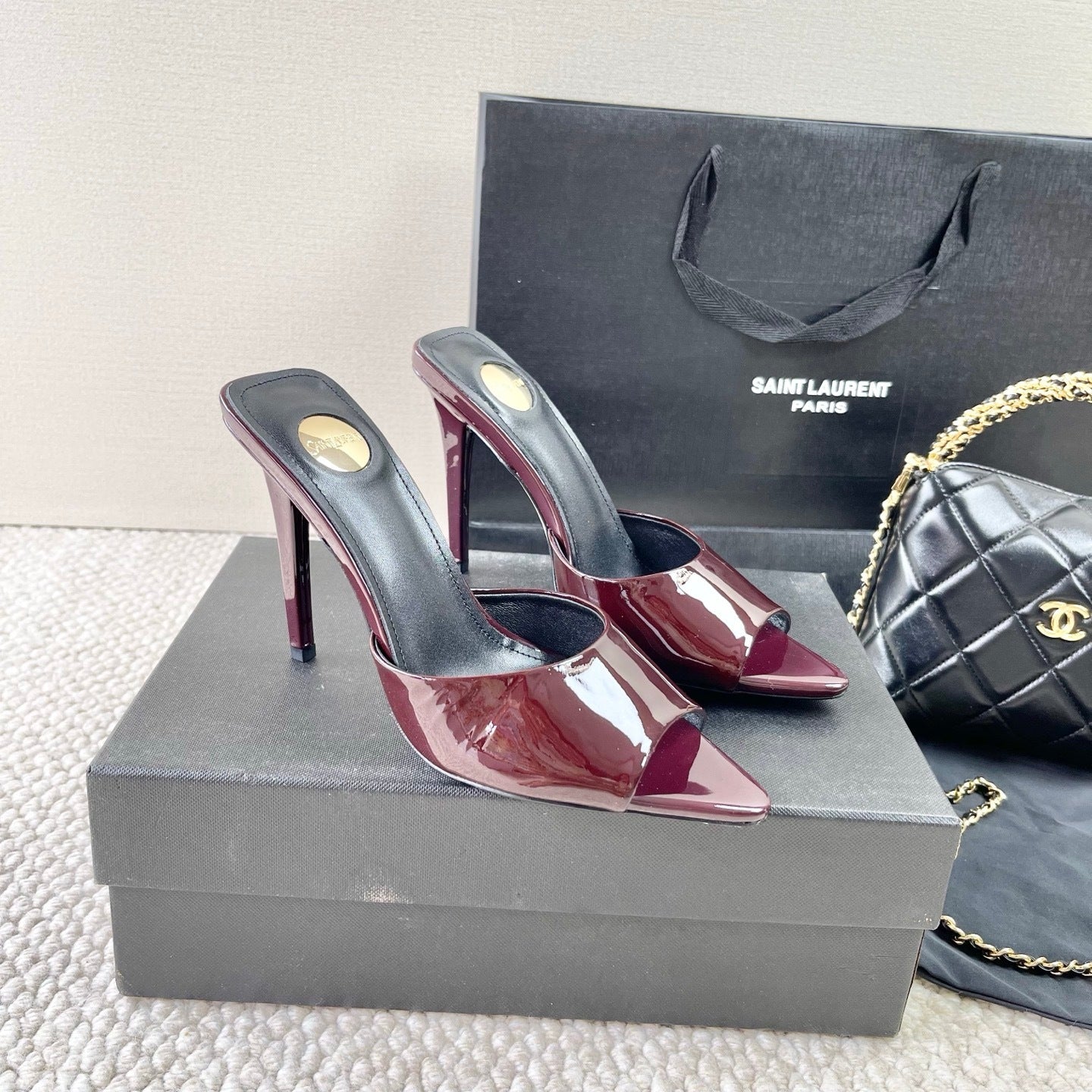 BURGUNDY PATENT OPEN-TOE MULE HEELS