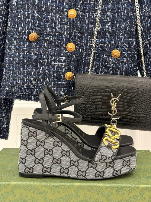 BLACK MONOGRAM PLATFORM WEDGE SANDALS