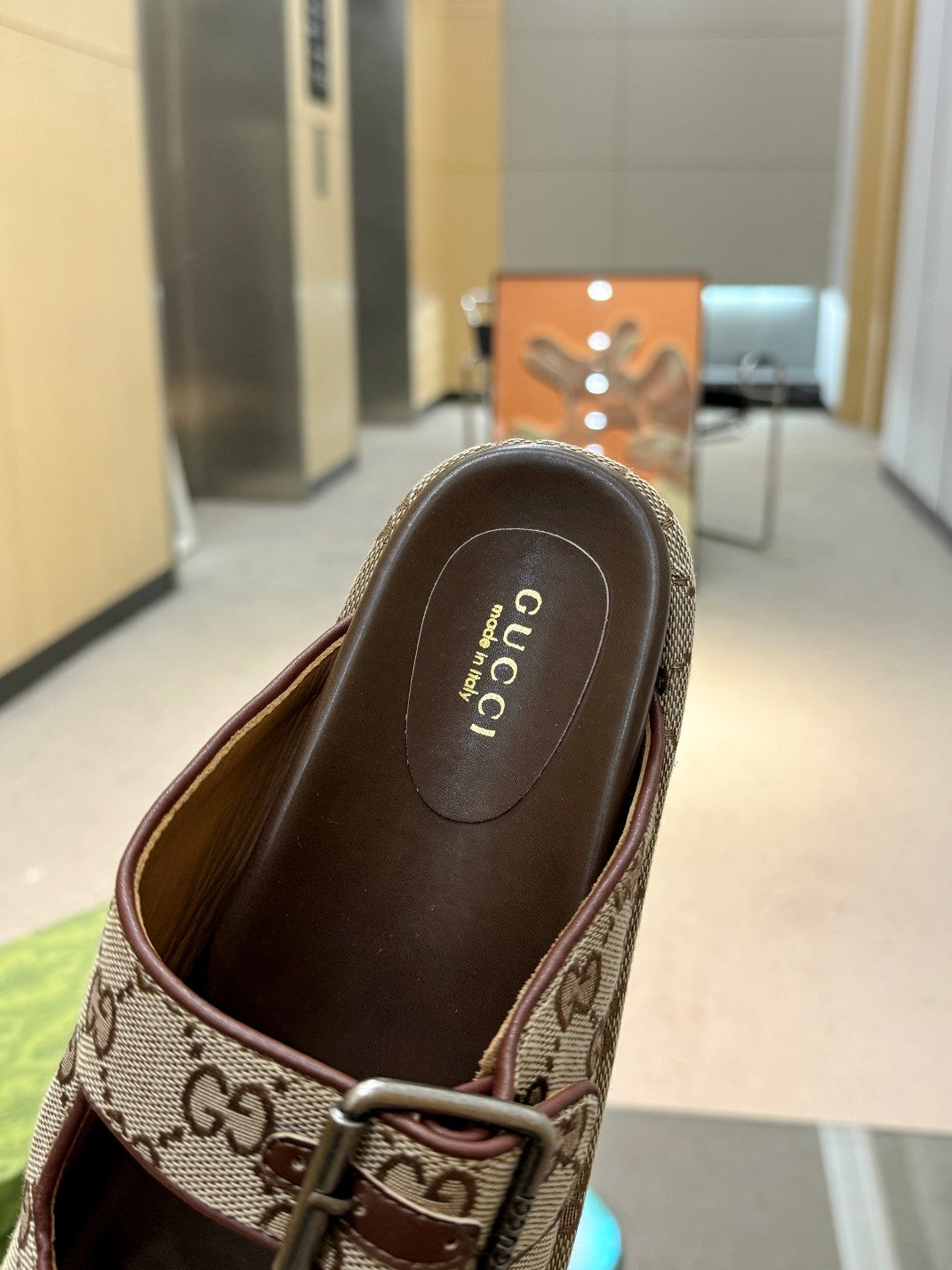 BEIGE MONOGRAM DOUBLE-STRAP PLATFORM SANDALS