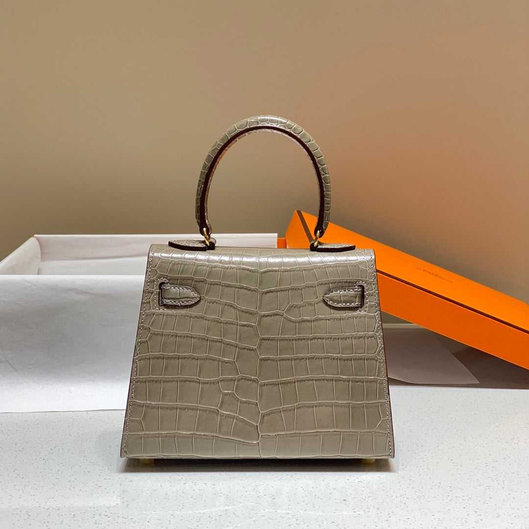 LUXURY TAUPE CROCODILE EMBOSSED MINI TOP HANDLE HANDBAG WITH GOLD HARDWARE