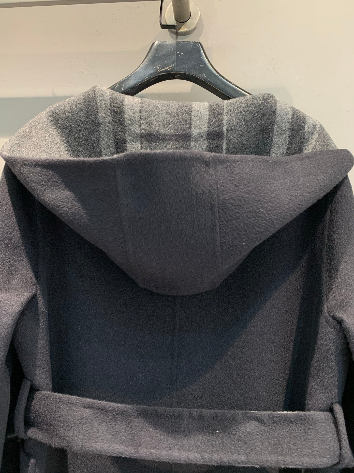 CHECK PANEL BELTED HOODED COAT