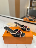 BLACK MONOGRAM DENIM MULE SANDALS WITH VELVET BOW