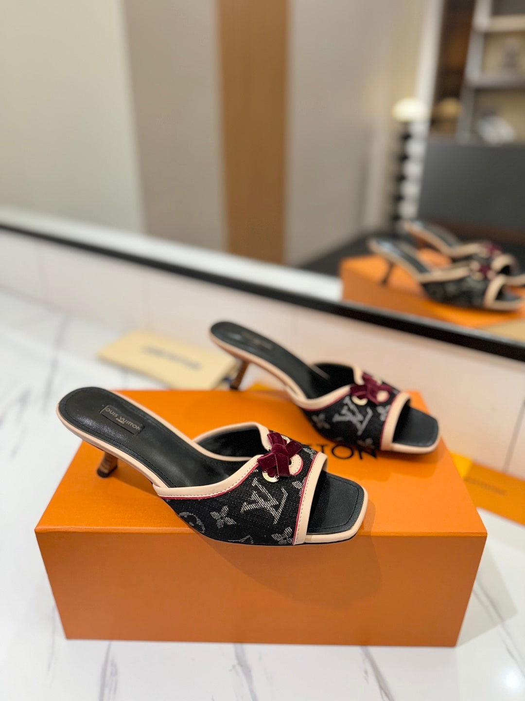 BLACK MONOGRAM DENIM MULE SANDALS WITH VELVET BOW