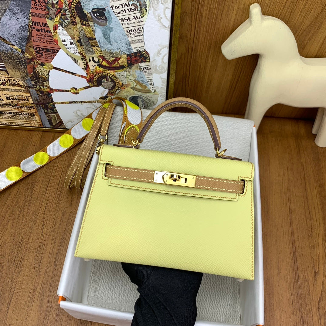 LUXURY MINI LEMON YELLOW LEATHER CROSSBODY BAG WITH WIDE STRAP