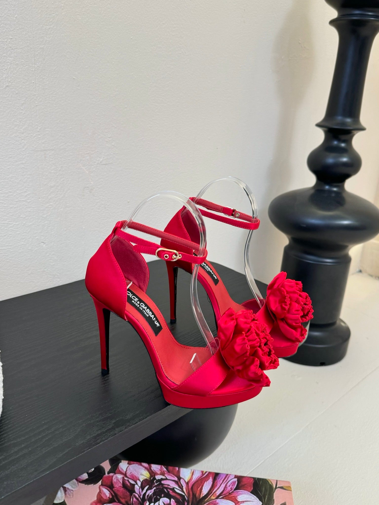 RED SATIN ROSETTE STRAPPY STILETTO HEELS