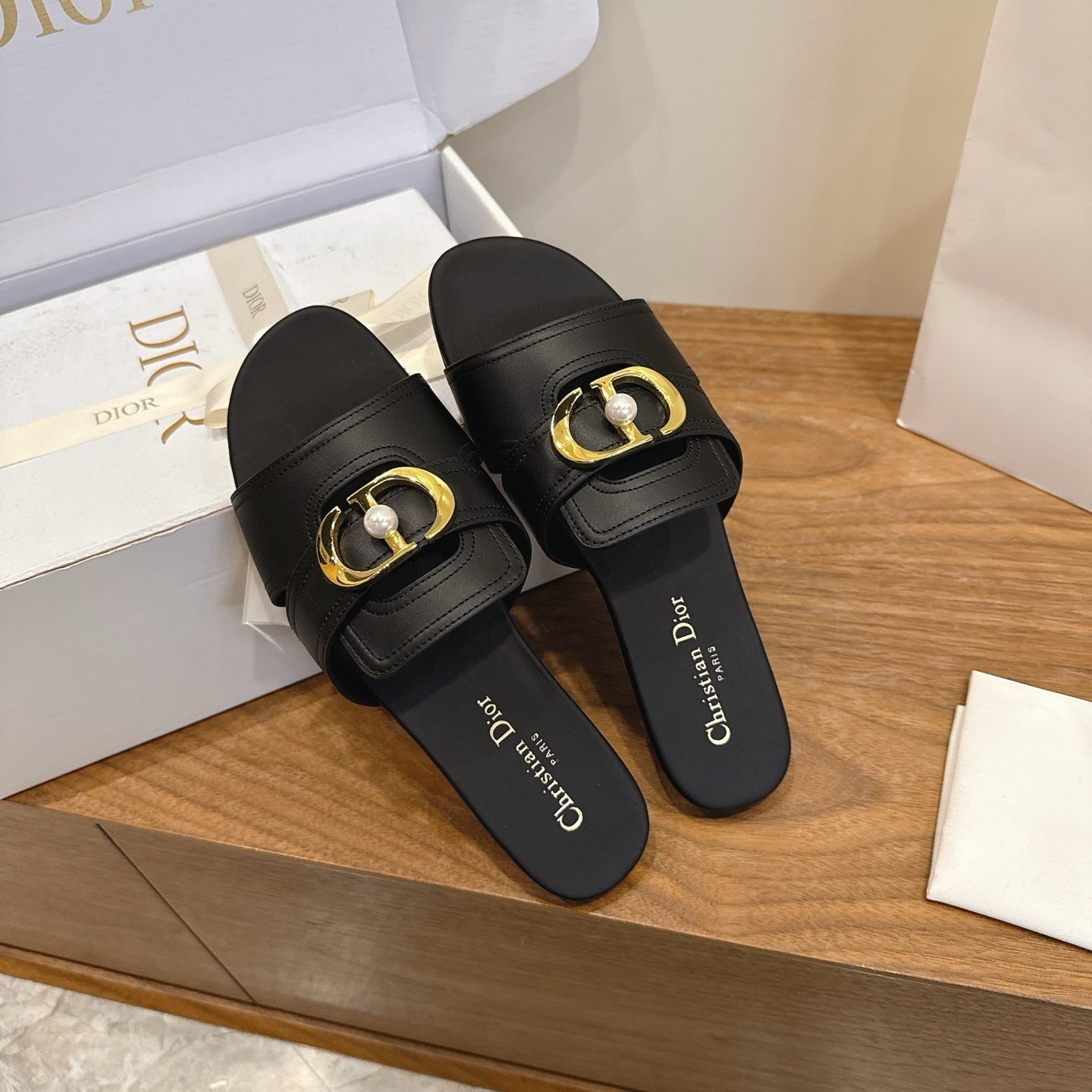 BLACK LEATHER GOLD BUCKLE SLIDE SANDALS