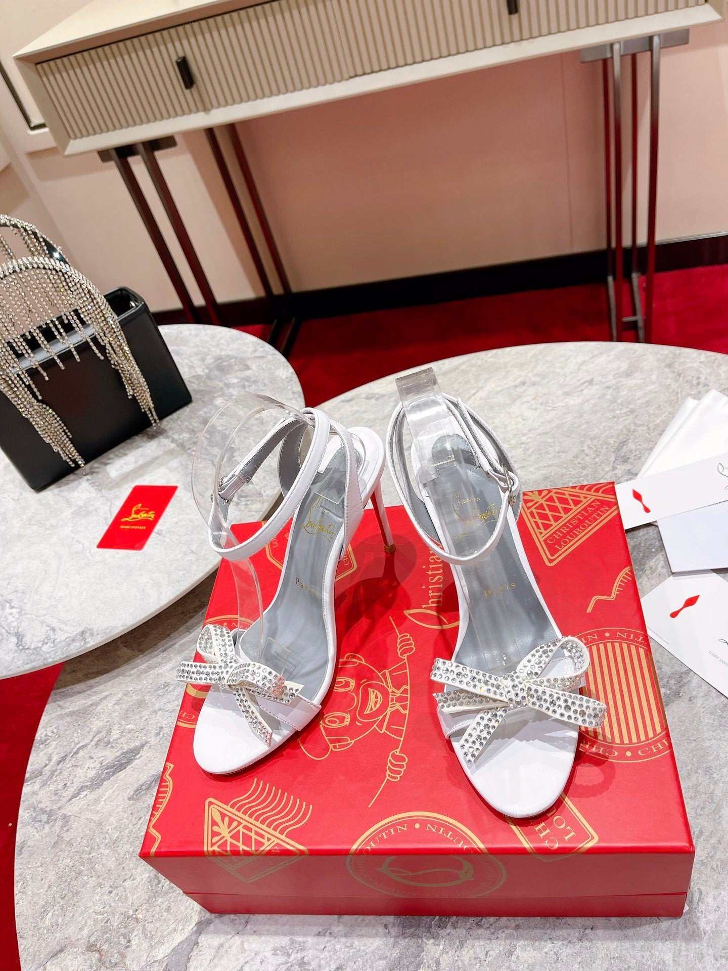 WHITE CRYSTAL BOW STRAP HEELS