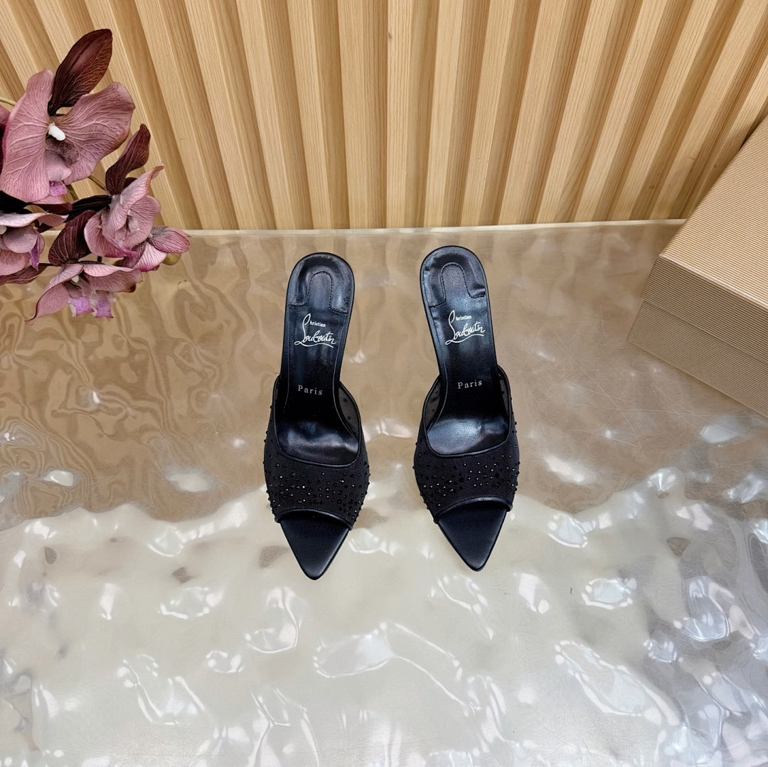 BLACK RHINESTONE MULE HEELS