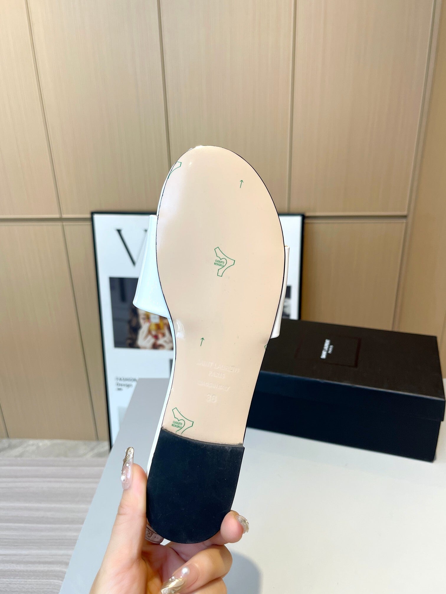 WHITE PATENT SLIDE SANDALS