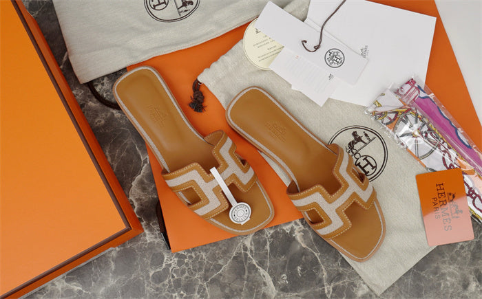 TAN CONTRAST STITCH H-CUT SLIDE SANDALS