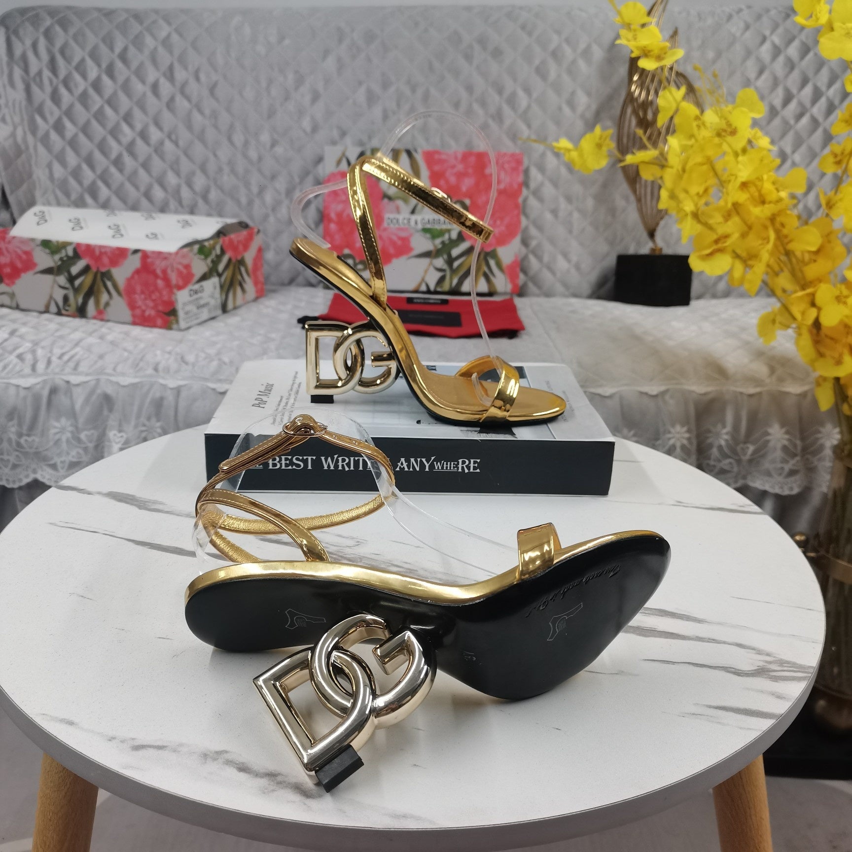GOLD METALLIC STRAPPY HEEL SANDALS