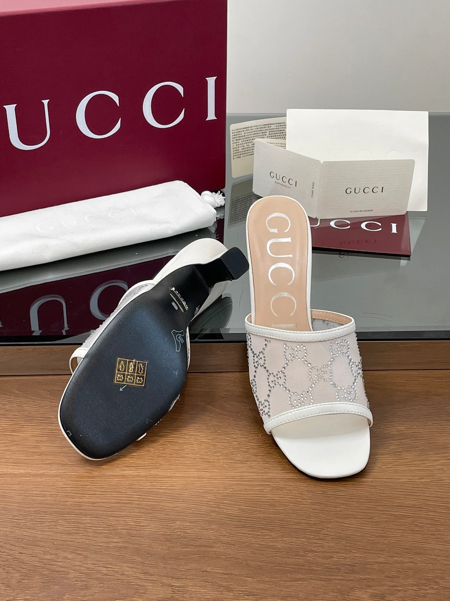 WHITE CRYSTAL PATTERN HEEL SLIDES