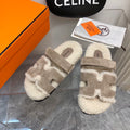 SHEARLING SLIDE SANDALS WITH TAUPE SUEDE STRAPS
