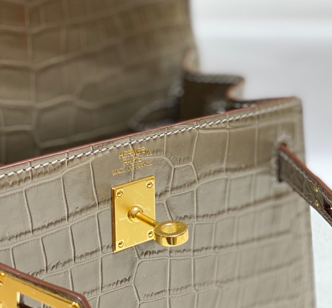 LUXURY TAUPE CROCODILE EMBOSSED MINI TOP HANDLE HANDBAG WITH GOLD HARDWARE
