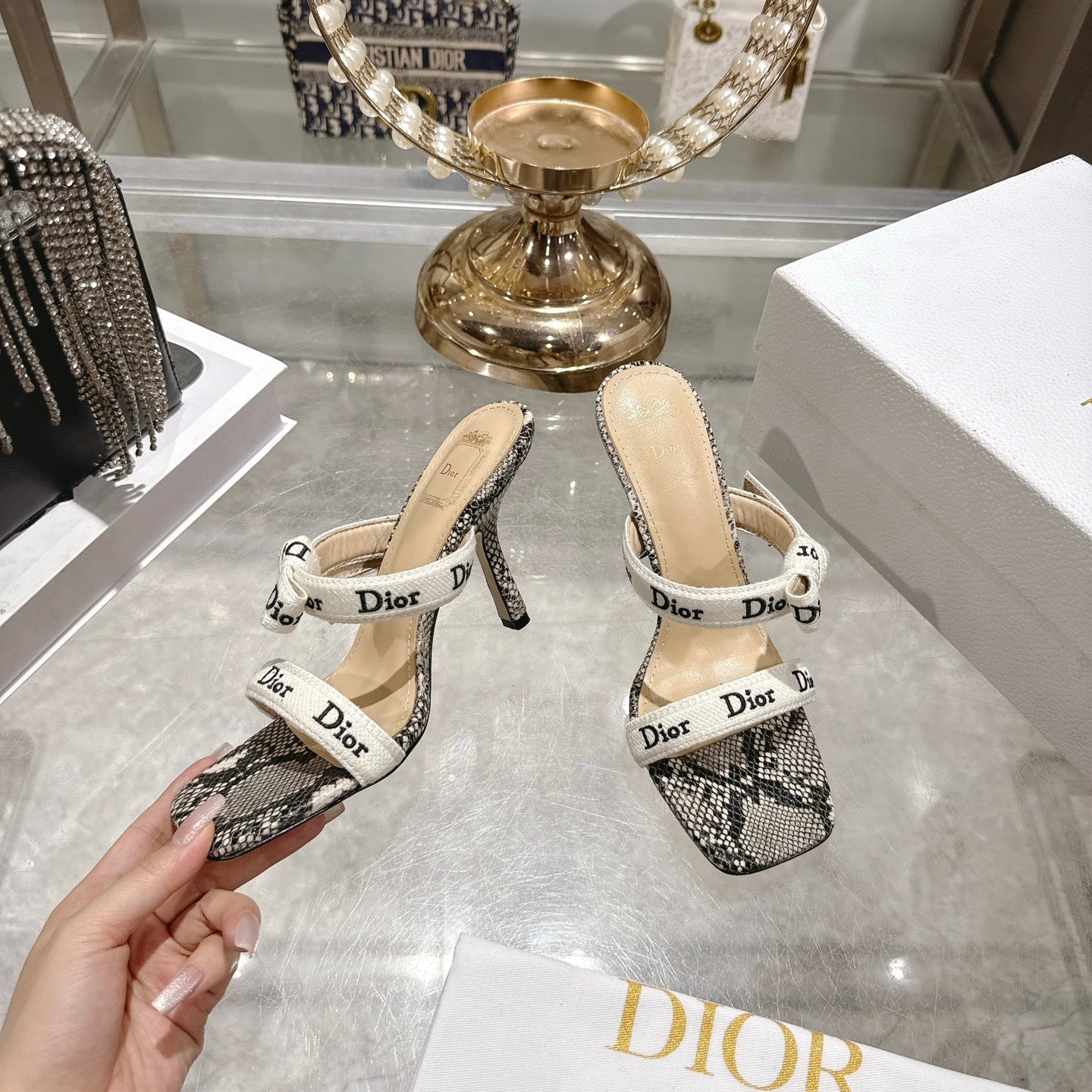 SNAKESKIN PRINT LOGO STRAP BOW HEEL SANDALS