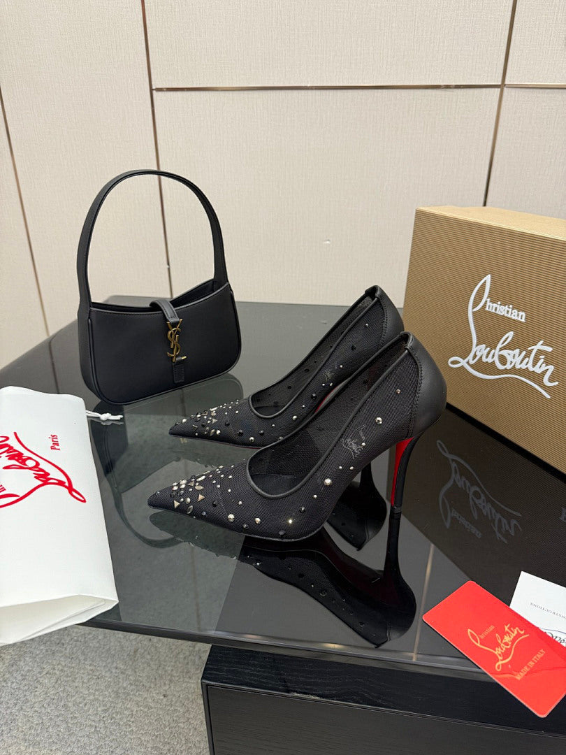 BLACK RHINESTONE MESH PUMPS
