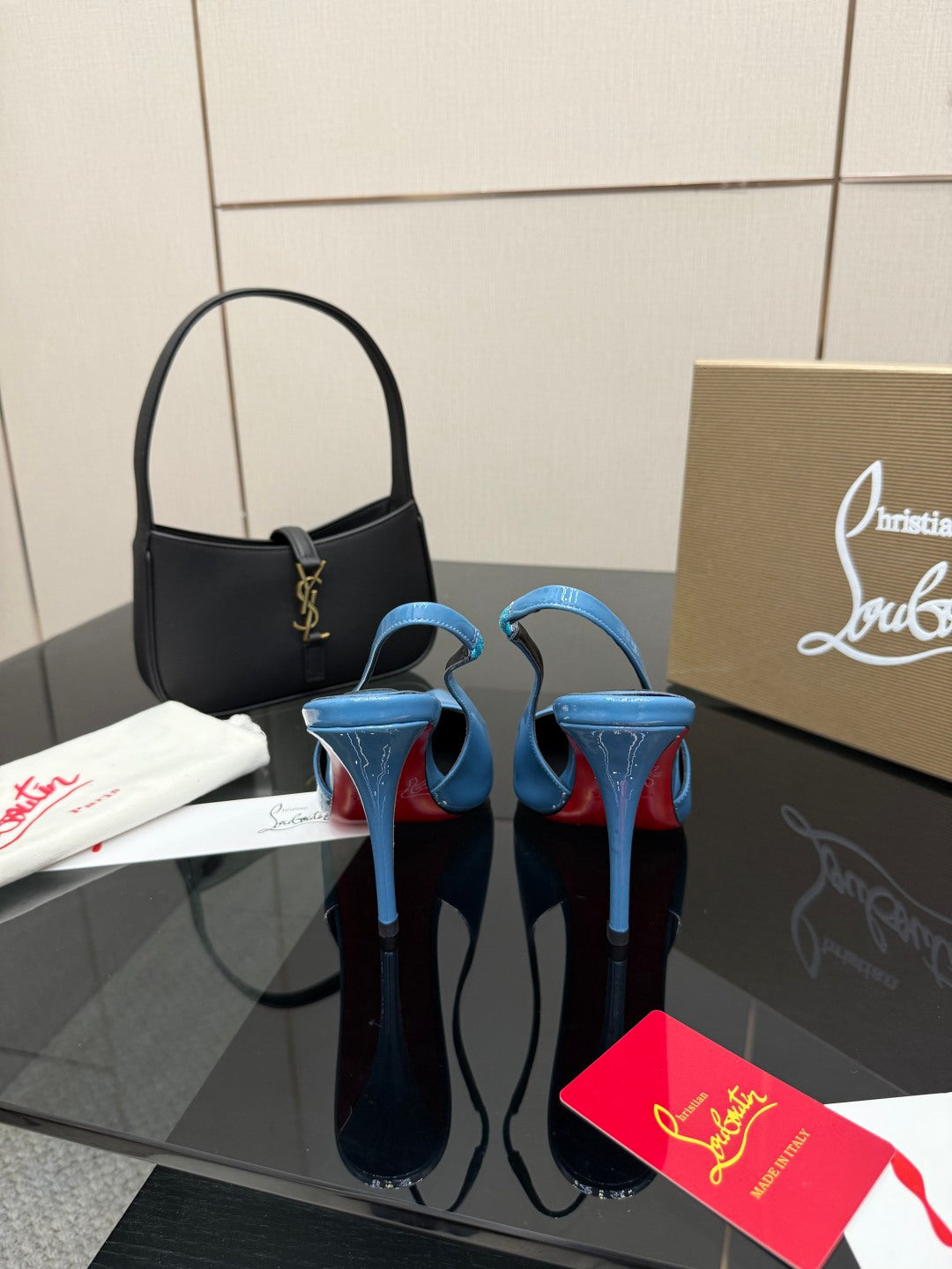 BLUE PATENT SLINGBACK POINTED HEELS
