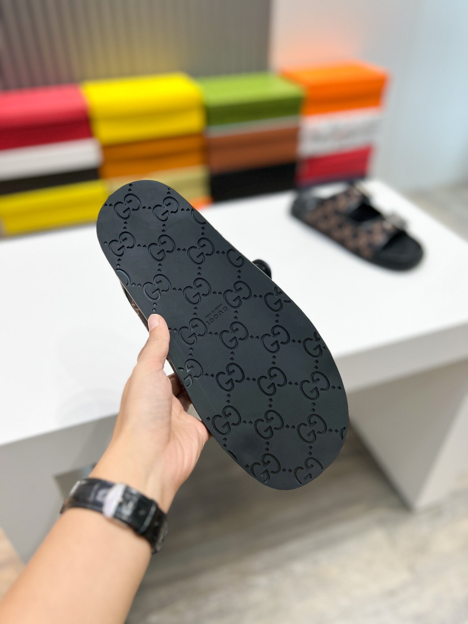 DOUBLE STRAP MONOGRAM BUCKLE SLIDE SANDALS