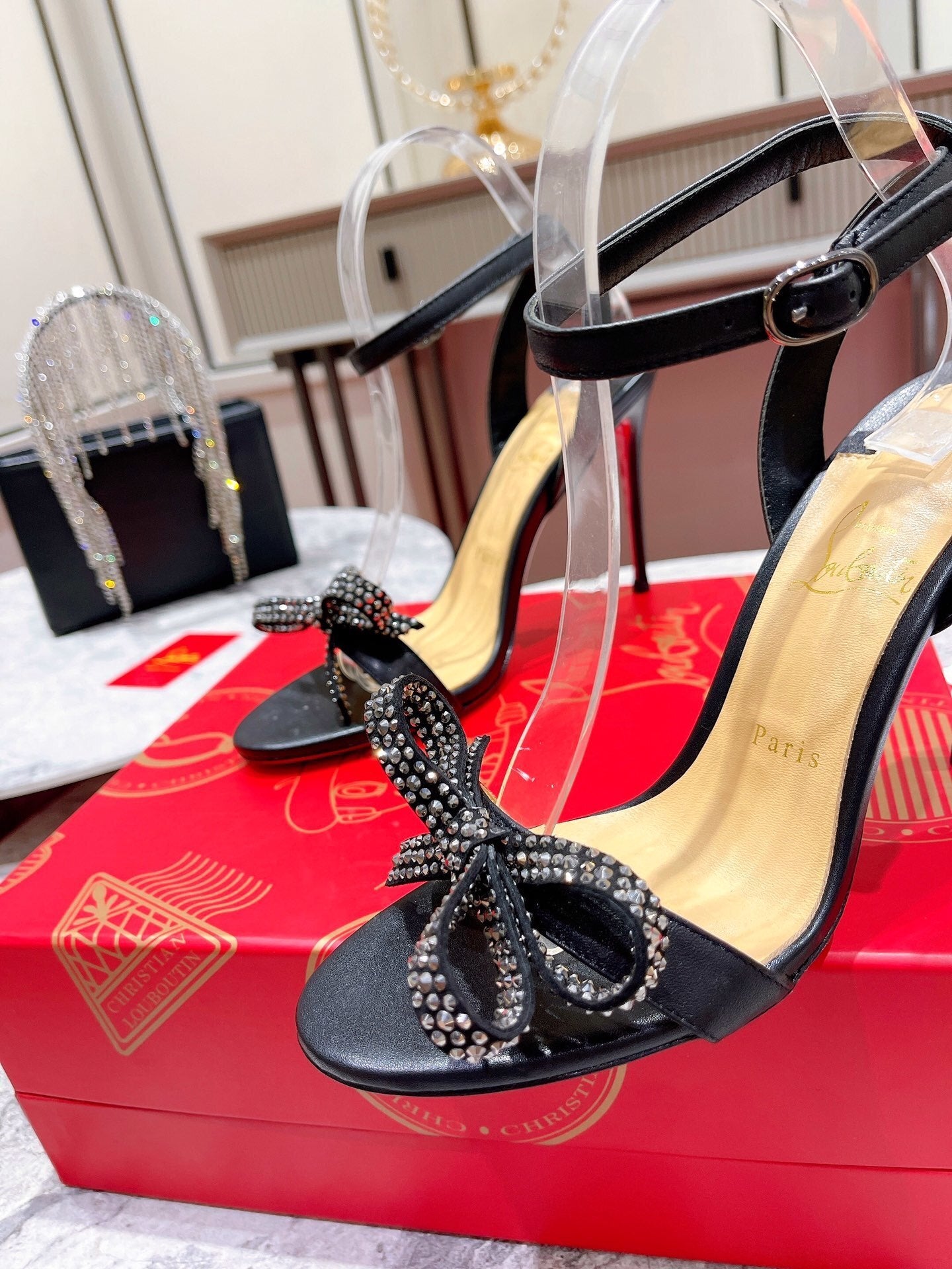 BLACK CRYSTAL BOW STRAP HEELS