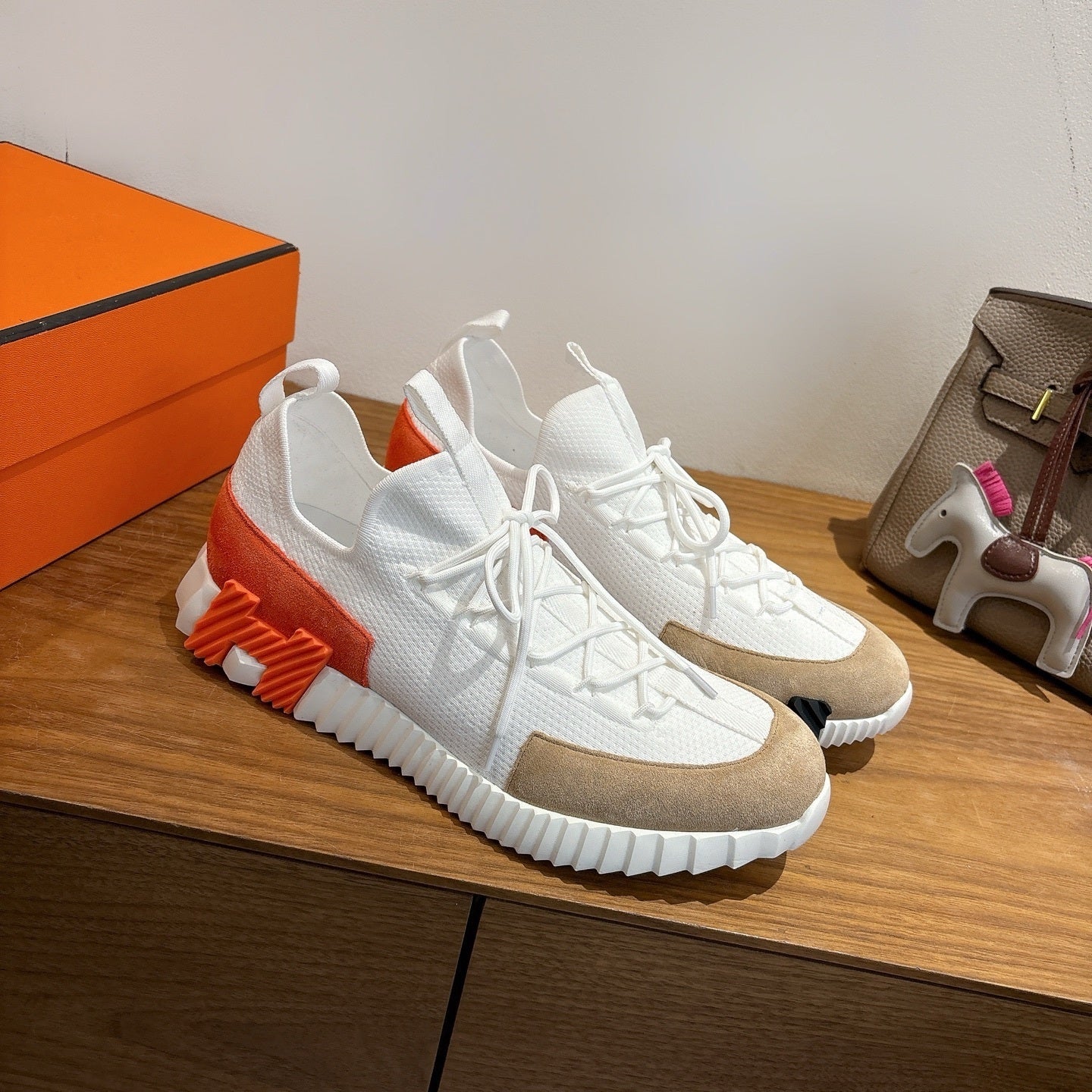 WHITE TECH-KNIT SNEAKERS WITH SUEDE TOE & ORANGE HEEL ACCENT