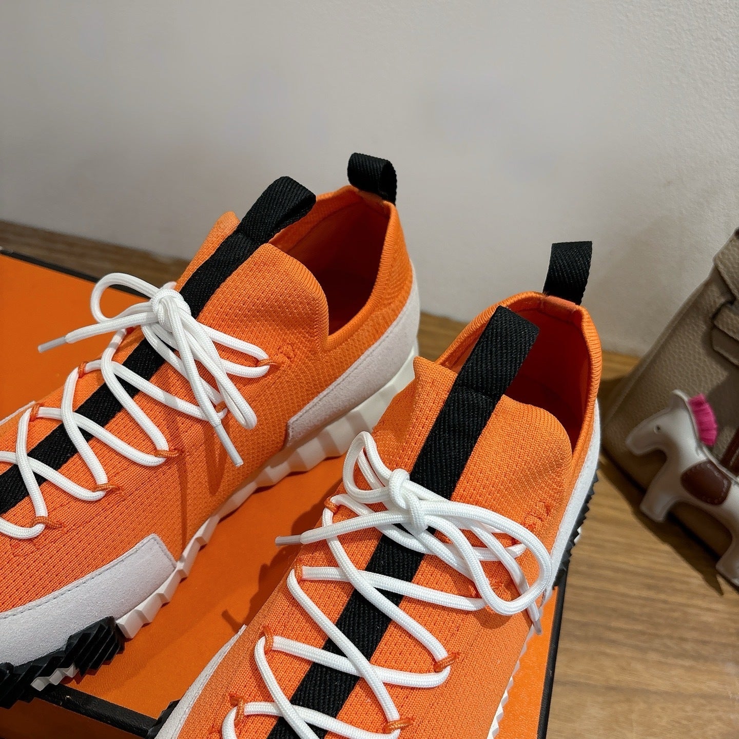 ORANGE TECH-KNIT & SUEDE LOW-TOP SNEAKERS