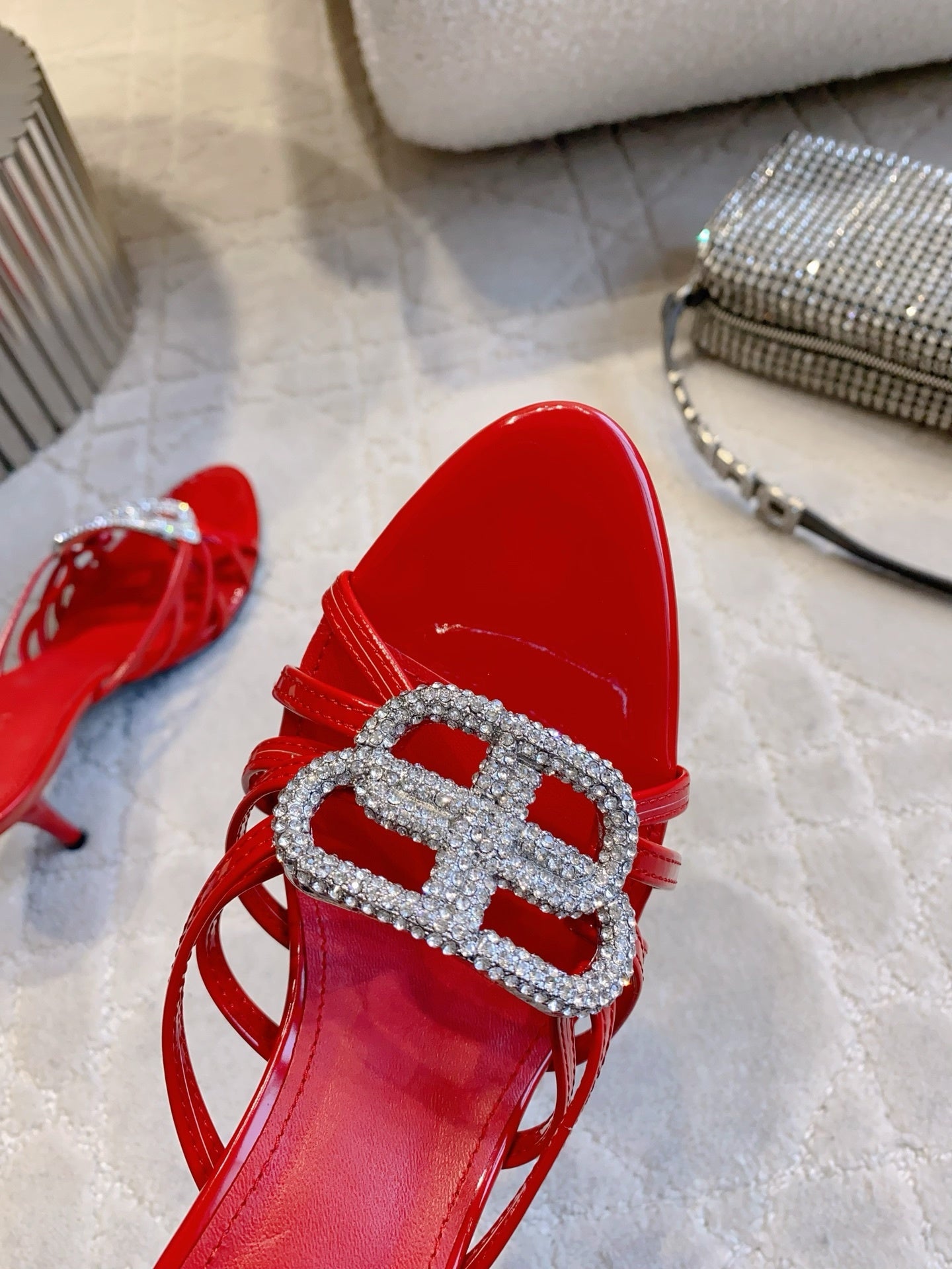 CRYSTAL EMBELLISHED RED STRAPPY HEELS