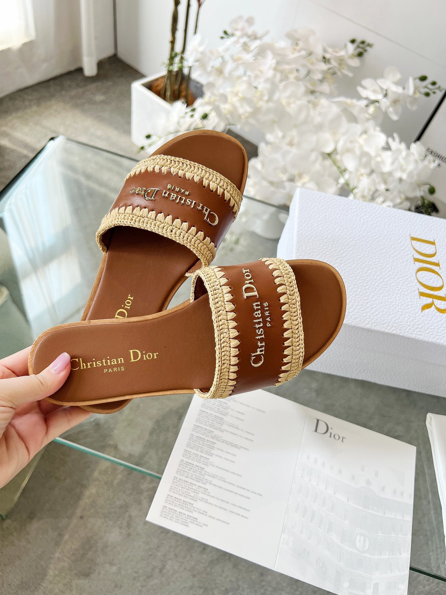 TAN WOVEN LOGO STRAP FLAT SLIDES