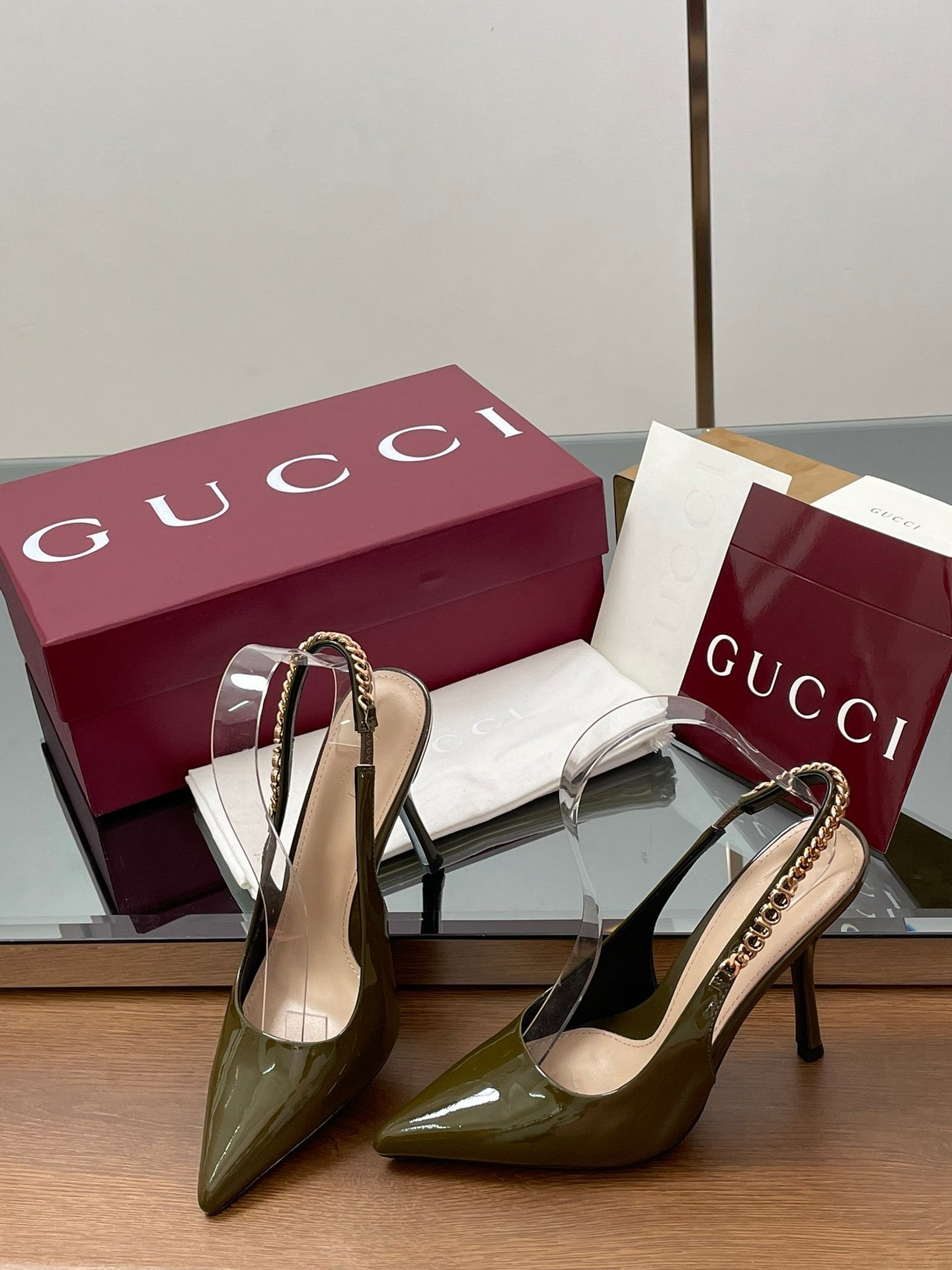 OLIVE PATENT SLINGBACK HEELS