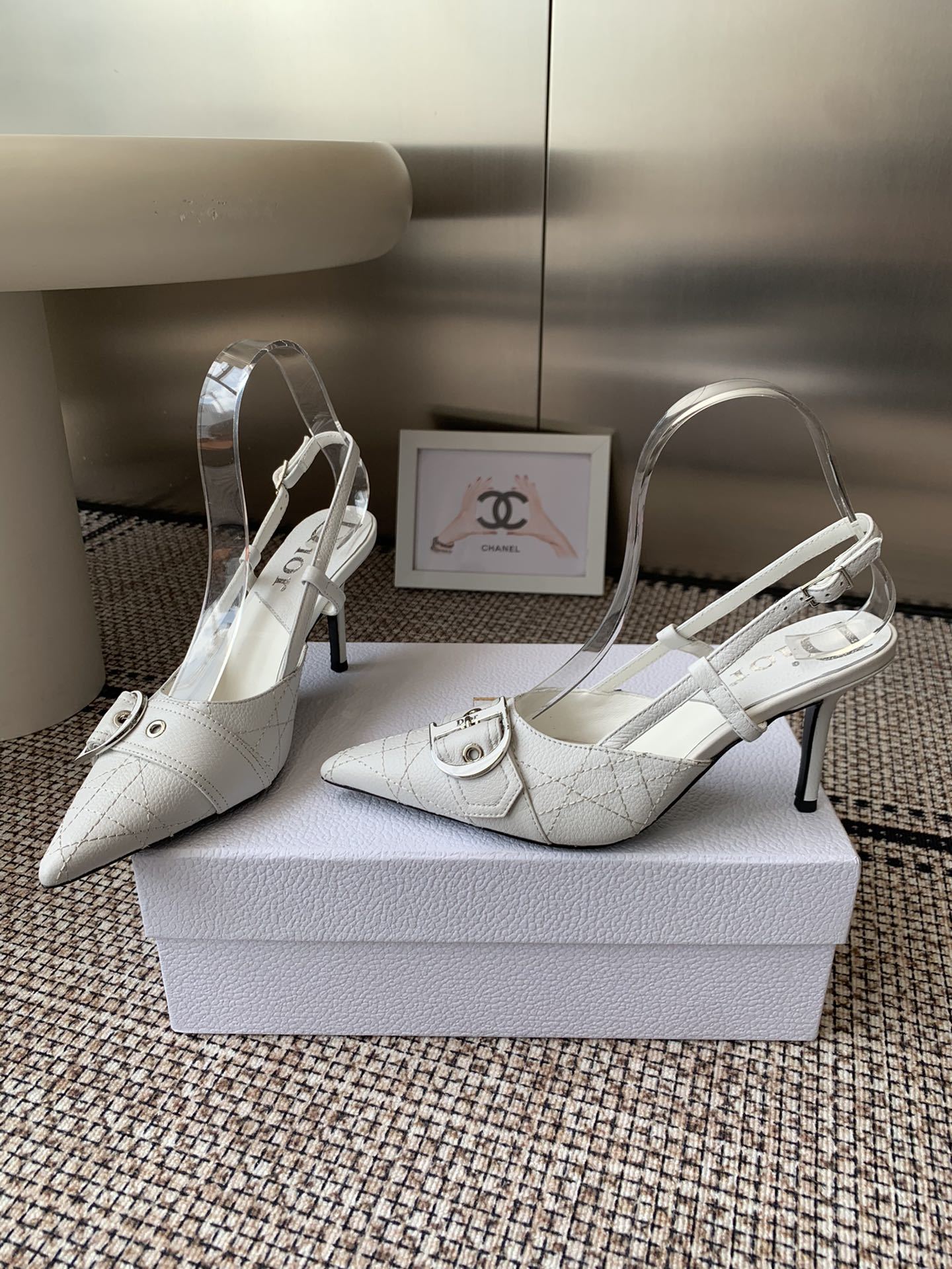 WHITE BUCKLE POINTED SLINGBACK HEELS