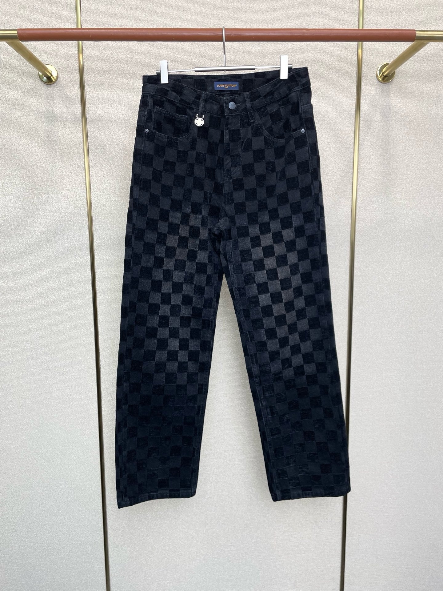 BLACK CHECKERED STRAIGHT-LEG PANTS